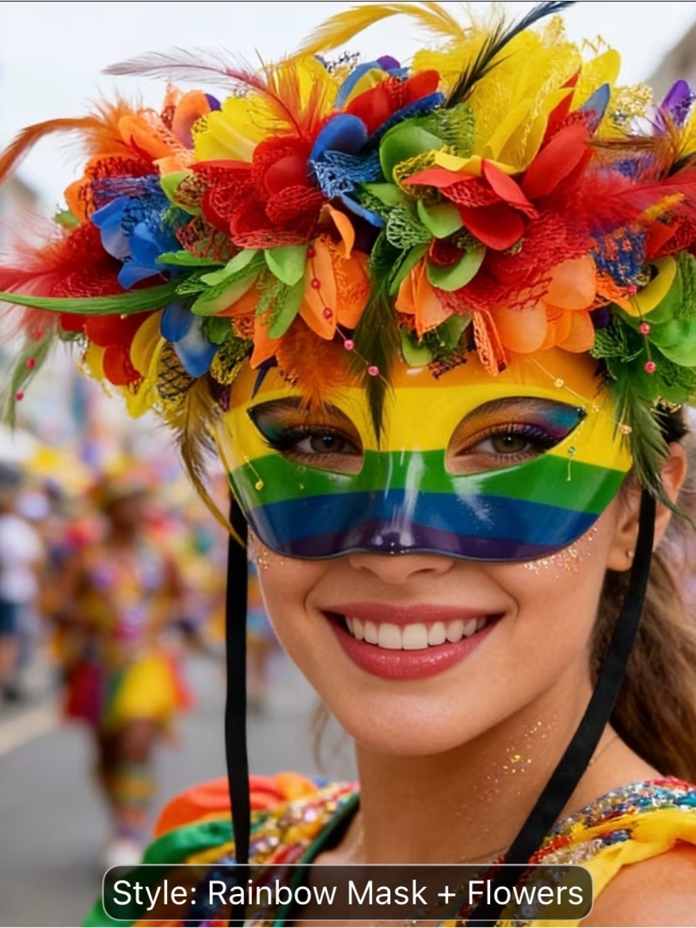 Rainbow Festival Face Mask with Floral Headpiece